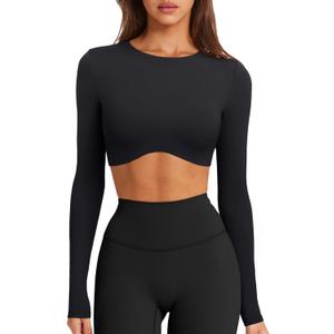 LASLULU Womens Sexy Double Lined Long Sleeve Shirts Crewneck Workout Tops Athletic Yoga Shirts Going Out Crop Tops (Medium, Black)