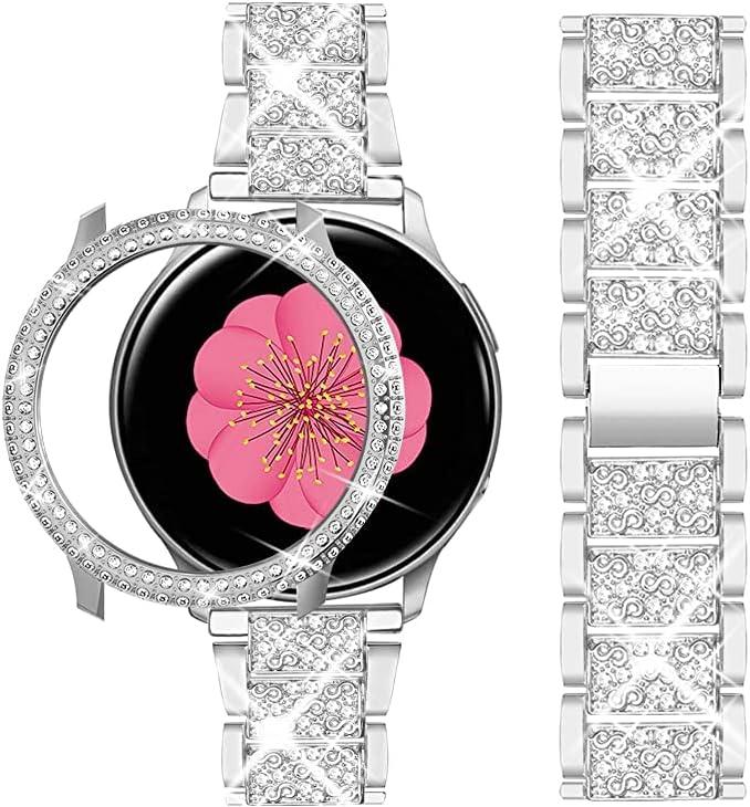 Compatible for Samsung Galaxy Watch Active 2 Band 40mm 44mm + Case, Women Replacement Strap& Full Around PC Bumper (Silver)