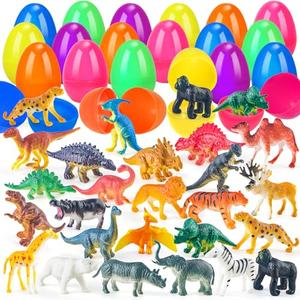 ZIRSENG 24 PCS Prefilled Easter Eggs with Realistic Dinosaurs & Animals Figurines Toys, Easter Basket Stuffers for Kids Hunting Games, Easter Eggs with Toys Inside for Basket Stuffers Fillers