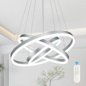 Modern Sliver Led Chandelier 3 Rings Pendant Lights Dimmable Chandeliers Color Temperature Height Adjustable Sliver Chandelier Led Pendant Light for Dining Room Bedroom Entryway Living Room (Silver)