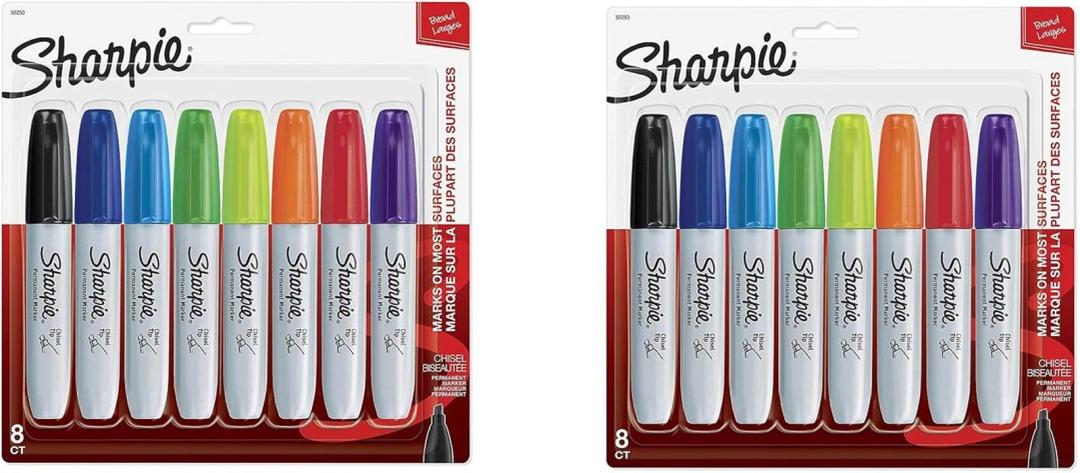 Sharpie 38250PP Permanent Markers, Chisel Tip, Assorted Colors, 8Count, Standard Packaging, 2Pack