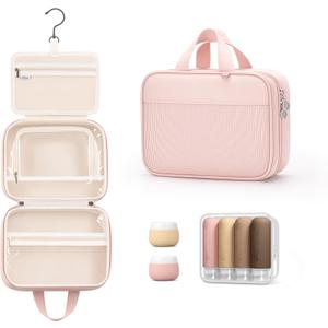 Lotour Travel Toiletry Bag for Women with Travel Size Silicone Containers Set, Hanging Toiletry Bag for toiletries, Cosmetic Bag Travel Organizer (Pink)