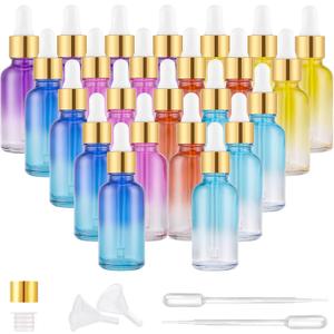 PrettyCare Glass Eye Dropper Bottles 24 Pack, 1oz (30ml) Rainbow Empty Thick Bottles Bulk with Leakproof Goledn Caps - With Labels & Funnels for Storage, Travel, Essential Oils, Cuticle, Tinctures