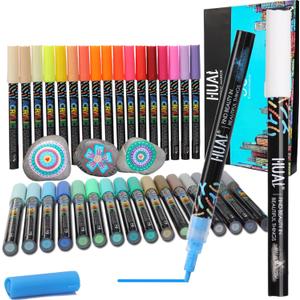 3 x HUAL 36 Acrylic Paint Markers Set 1mm Fine Tip, 36 Vibrant Colors Waterproof, Professional Non-Toxic Ink, Valve-Controlled for Rock, Wood, Glass, Canvas, DIY Art & Professional Crafts