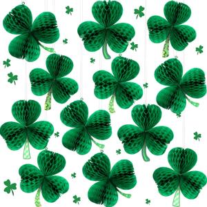 Karenhi 12 Pcs St. Patrick's Day Honeycomb Decoration 3D Hanging Ornaments Shamrock Gold Clover Hat Beer Mug Irish Honeycomb for St. Patrick's Day Party Decor(Clover)