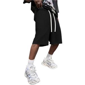 SHENHE Men's Baggy Sweat Shorts Drawstring Waist Wide Leg Raw Loose Athletic Gym Shorts with Pockets Summer (Black, L)