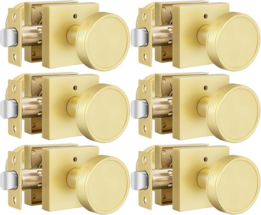 Goldenwarm Gold Door Knobs Interior, Brushed Gold Door Knobs Square Privacy Door Knob for Bedroom Bathroom, Modern Heavy Duty Interior Doorknobs - 6 Pack Zinc-Alloy