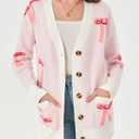 Saodimallsu Womens Oversized Cardigan Sweaters Bow Printed Button V Neck Long Sleeve Loose Knit Fall Trendy Coats (L)
