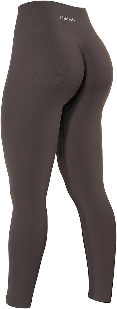 AUROLA Power Workout Leggings for Women Tummy Control Squat Proof Ribbed Thick Seamless Scrunch Active Pants (X-Small, Chestnut Brown)