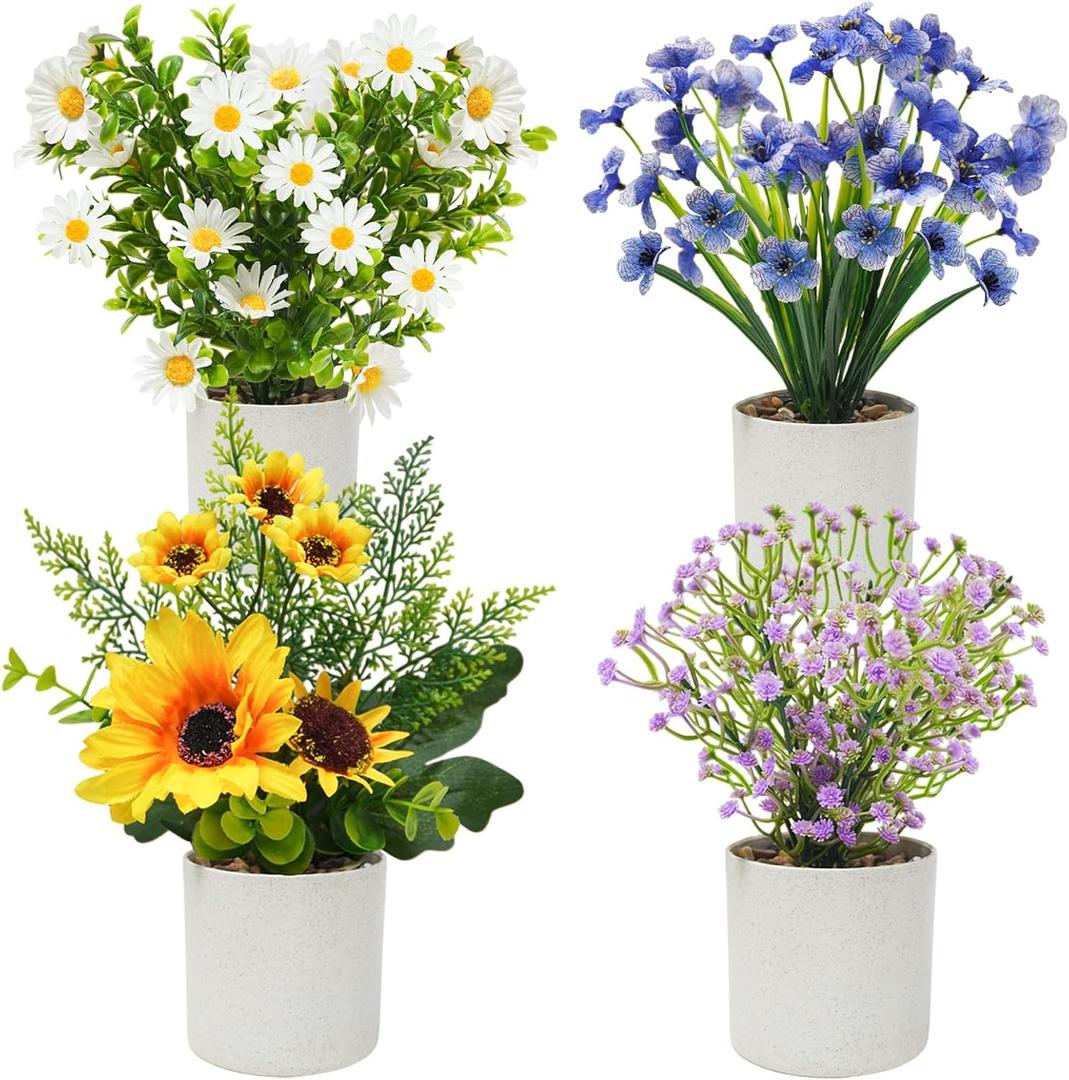 4 Packs Fake Plants Small Artificial Potted Flowers Mini Faux Plants for House Office Bathroom Farmhouse Tabletop Decor (Colorful)