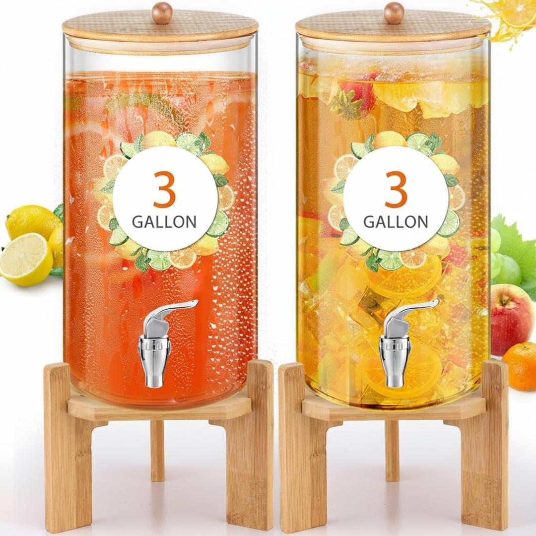 FillTouch 2 Pack 3 Gallon Glass Drink Dispensers for Parties