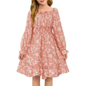 Haloumoning Girls Fall Long Sleeve Floral Dresses Kids Square Neck Smocked Holiday Party Dress 5-14 Years (Coral Red)