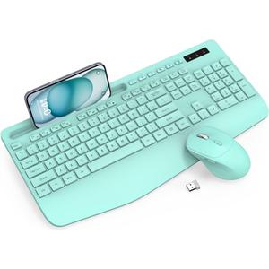 Wireless Keyboard and Mouse Combo - Full-Sized Ergonomic Keyboard with Wrist Rest, Phone Holder, Sleep Mode, Silent 2.4GHz Cordless Keyboard Mouse Combo for Computer, Laptop, PC, Mac, Windows (Green) (1 Pack)