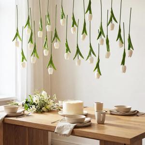 12 Pack 6 ft Artificial Tulips Hanging Flower Garland Decorations Spring Tulip from Ceiling Dangling Valentines Faux Floral Vine Strings with Hook for Wall Ceiling Wedding Party (White)