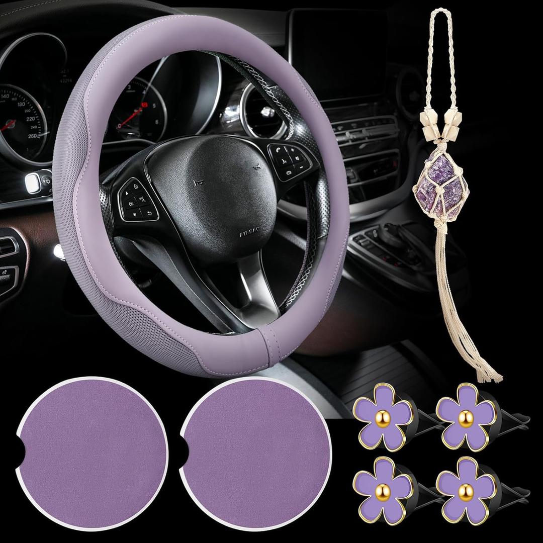 BBTO 4 Car Accessory Set, Steering Wheel Cover, Ceramic Coasters, Daisy Flower Clip Air Freshener, Crystal Hanging Ornament for Women(Purple)