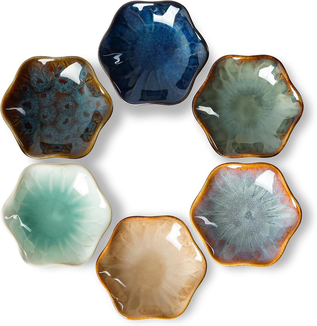 NUTRIUPS 6 Pack Soy Sauce Dish 1.6oz Ceramic Dipping Bowls 3.9inch Dipping Sauce Bowl Small Bowls for Side Dishes (Flower-Set of 6)