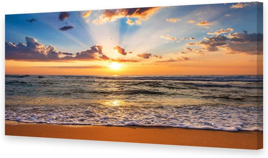 Muolunna BK1862 Wall Art Decor Large Canvas Print Picture Sunrise Ocean Beach 1 Panel Waves Scenery Painting Artwork for Office Wall Decor Home Decoration Stretched and Framed Ready to Hang XLarge (48L" x 24W", Gold)