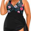 Daci Plus Size Swim Dress - One Piece Swimsuits Tummy Control Bathing Suits Flowy Asymmetrical Swimwear with Bottom Built in (Black and Flower, 22W)