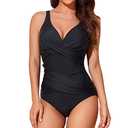 Smismivo Tummy Control Swimsuits for Women Slimming One Piece Bathing Suit Modest Padded Ruched Push Up Long Torso Curvy Shapewear V Neck Criss Cross Swimming Suits Full Coverage Swimwear (Black), M