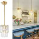 Small Chandelier Light Fixture, Gold Crystal Pendant Light, 2 Tiered 6.5" Modern Mini Hanging Lights, Vintage Chandeliers for Bedroom Dining Room Kitchen Island Entryway Living Room Foyer