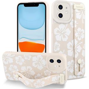 Fiyart Designed for iPhone 11 Case Cute Flowers with Strap Soft TPU Phone Cover Protective Camera Lens Protection for Women Men Floral Bumper with Stand 6.1"-White