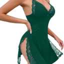 Foxiny Sexy Split Side Floral Lace Trim Full Slip Night Gown Babydoll Lingerie Dress with Thong 2 piece, 3XL