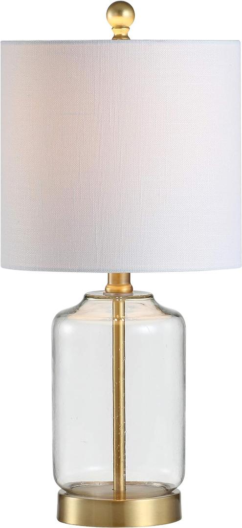 JONATHAN Y 19.5" Brass Gold and Clear Glass Table Lamp, Glam Transitional Bedside Lamp for Living Room Nightstand, White Linen Drum Shade, LED Bulb Included JYL1033A
