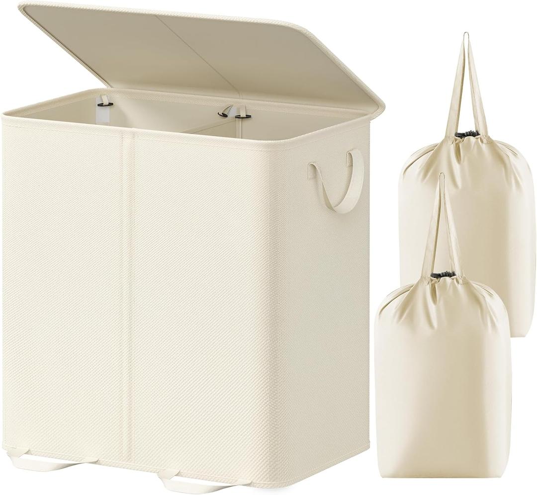 Lifewit Double Laundry Hamper with Lid and Removable Laundry Bags, Large Collapsible 2 Dividers Dirty Clothes Basket with Handles for Bedroom, Laundry Room, Closet, Bathroom, College, 136L Ivory White