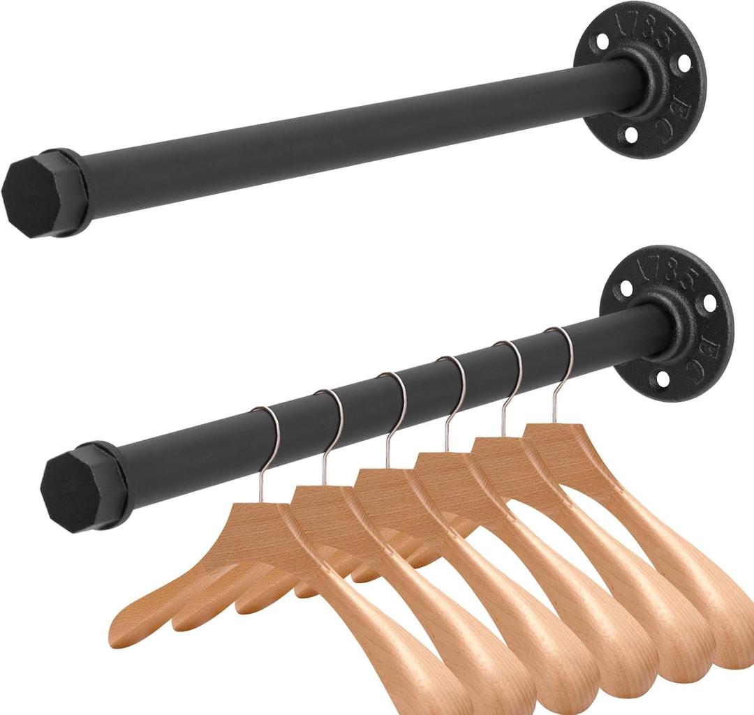 2 Pcs 12 Inch Industrial Pipe Clothes Rack DIY Wall Mounted, Heavy Duty Rustic Vintage Clothing Rod, Metal Garment Bar Multi-Purpose Hanging for Bedroom, Bathroom, Cabinet and Laundry Room (Black)