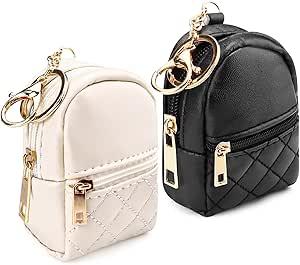 2Pcs Mini Backpack Keychain for Women, Mini Purse Keychain Bag with Zipper, PU Leather Keychain Pouch for Lipstick, Coin, Cable(Black&Beige)