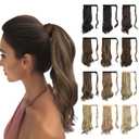 SOFEIYAN Curly Ponytail Extension 15 Inch Heat Resistant Synthetic Natural Wavy Hairpiece Wrap Around Pony Tail Hair Extensions for White Black Women Hair Piece, Brown Highlighted Light Blonde