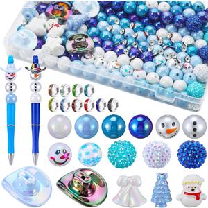 300 Pcs Focal Beads for Pens AB Color Acrylic 3D Focal Colorful Beads Bulk Round Rhinestone Spacer for Beadable Pen Keychain Making Jewelry Bracelet Necklace Charms Crafts (Winter Style)