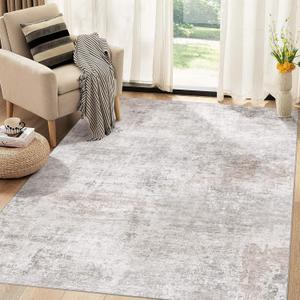 Abstract 6x9 Area Rug: Machine Washable Non Slip Ultra Thin Low-Pile Carpet, Soft Stain Resistant for Living Room Bedroom Nursery, Kid Pet Friendly, Robot Vacuum Compatible - Brown Grey