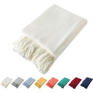 Homiest Decorative Knitted Throw with Fringe, Lightweight Acrylic Knit Blanket, Soft & Cozy Tassel Blanket for Couch, Sofa, Bed (Ivory White, 60 x 80 Inch)