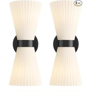 Black Wall Sconces Set of Two, HWH Modern Wall Light Fixtures Indoor Wall Lamp Up and Down, Matte Black Finish with Frosted Milk White Striped Glass Shade, 5HZG97B2W2PK BK