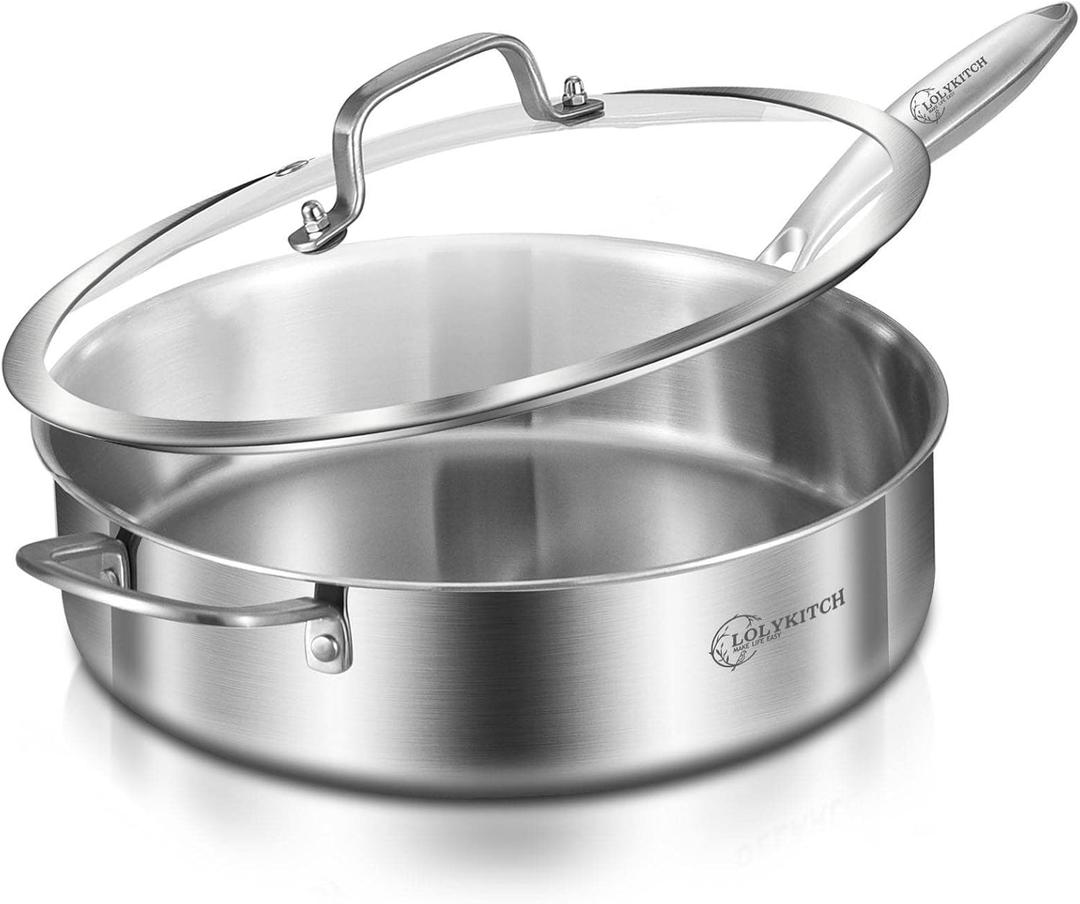 LOLYKITCH 6 QT Tri-Ply Stainless Steel Saut Pan with Lid,Deep Frying Pan,Large Skillet,Jumbo Cooker,Induction Cooking Pan,Oven Safe and Detachable Handle. (6QT/Long Handle)