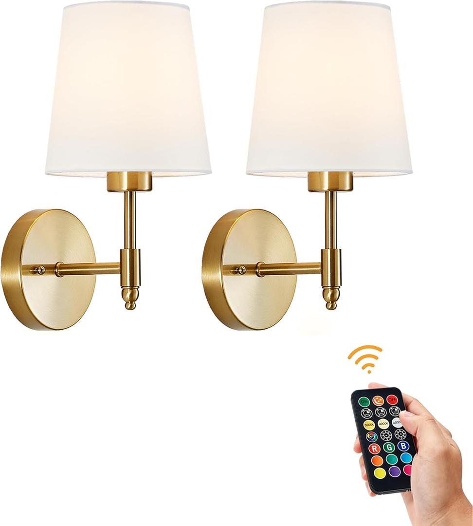 Gold Battery Operated Wall Sconces Set of Two, Wireless Rechargeble Battery Wall Light with RGB Dimmable Magnetic Bulb and Remote, Sconce Wall Decor for Bedroom Living Room Hallway, 6.3 inches x 7.7 inches x 12.5 inches