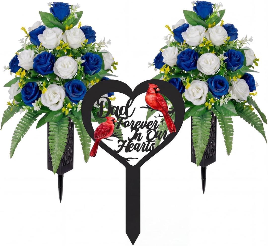 XunYee 3 Pcs Father's Day Memorial Dad Cemetery Decorations Artificial Cemetery Flowers Heart Cardinals Memorial Grave Markers Stake White Blue Rose Funeral Flowers for Grave Vase Decor Remembrance