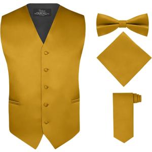 S.H. Churchill & Co. Men's 4 Piece Vest Set, with Bow Tie, Neck Tie & Pocket Hankie (Medium, Gold)
