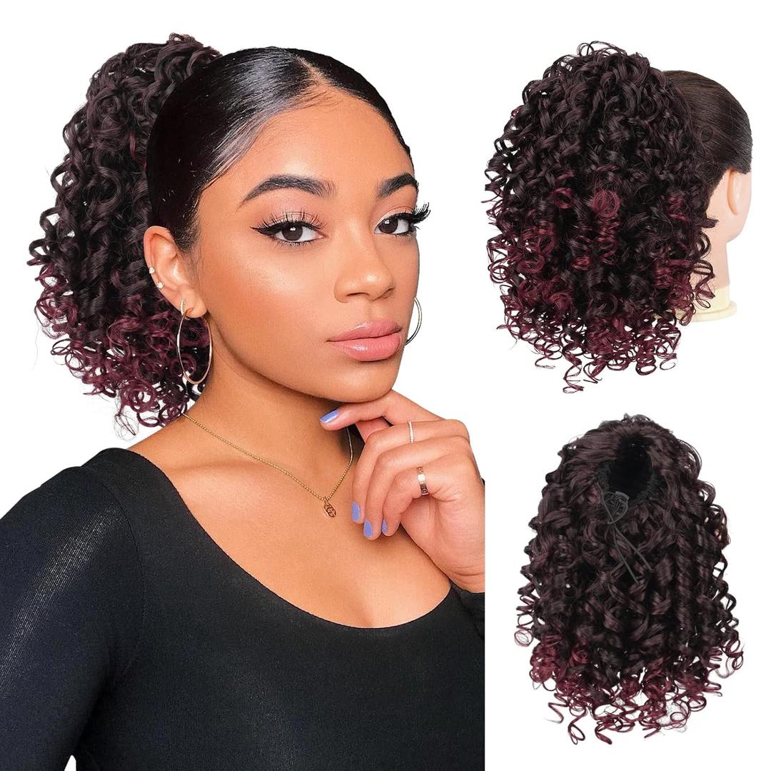 PEACOCO Curly Ponytail Extension Drawstring Ponytails for Black Women - 10 Inch Pony Tail Clip on Ponytail Synthetic Short Afro Hairpiece for Daily Use1B/bug