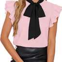 SOFIA'S CHOICE Women Tie Neck Bow Blouse Ruffle Cap Sleeve Work Office Tops Casual Elegant Shirt Pink Small (Pink, S)