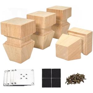 4 Inch Wooden Furniture Legs with Mounting Plates Screws Set of 4 Solid Wood Unfinished Replacement Furniture Feet for Couch Cabinet Sofa Dresser Ottoman TV Stand Bed Home (4inch)