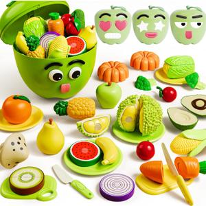 iPlay, iLearn Toddler Play Food Toy, Kids Cutting Fruit Vegetable Toy Food Set, Girl Pretend Play Kitchen Accessories W/ Storage Box, Emotional Learning Activities Birthday Gift 3 4 5 6 8 Year Old Boy