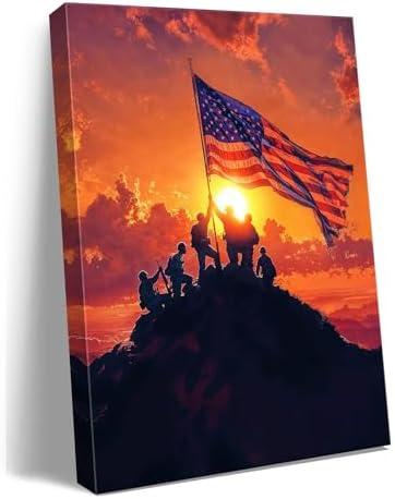 Ploceiny American july 4th Canvas Print Wall Art - Patriotic 4th of July USA Decorations, Soldiers Raising Flag on Mountain Sunrise, Veteran Memorial Gift, Independence Day Office & Home Decor, A-383