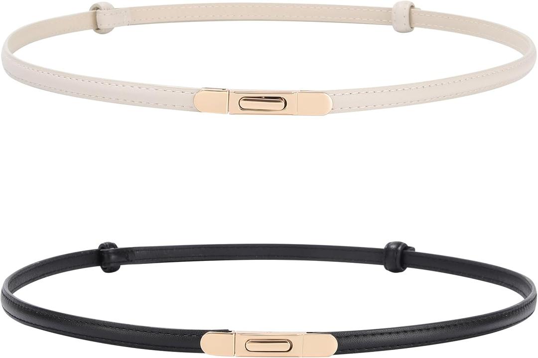 AWAYTR Women Skinny Leather Belt - 2 Pack Adjustable Thin Leather Belt for Jeans Dress with Gold Buckle (Fit Waist: 28"-44", Black+beige)