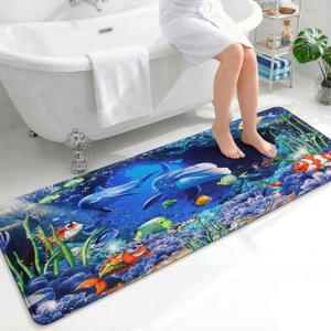 Bathroom Rug Runner 2x6, Thick Anti-Fatigue Non-Slip Memory Foam Kitchen Runner Mat, Ocean Dolphin & Coral Reef Printed, Absorbent Washable Cushioned Carpet for Double Vanity, Shower,Laundry