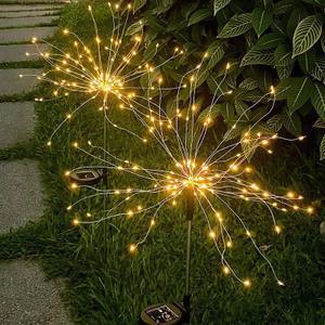 Solar Firework Lights 2Pcs Garden Lights Outdoor Waterproof, 120 LED with 8 Modes Twinkling and Steady-On, Festive daysStarburst Lights for Path, Patio, Yard (Warm White)