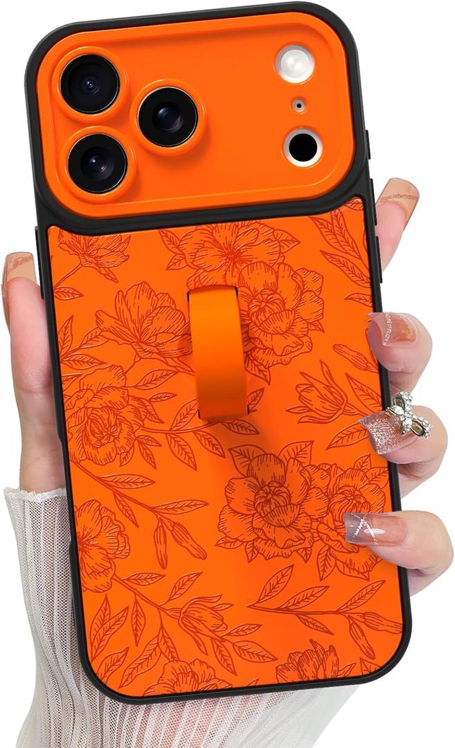 KANGHAR Compatible with iPhone 17 Pro Max Case, Silicone Rose Flower Cute Pattern, Wristband Kickstand Camera Protection Soft Slim Cover for Girls Women -Orange