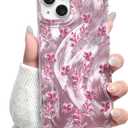 NITITOP Compatible for iPhone 14 Plus / 15 Plus Case Cute Flower Floral Leave for Women Girl Glitter Shiny Feather Yarn Style Aesthetic Shockproof Hard Protective Phone Cover - Pink