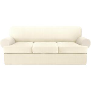 T Cushion Sofa Slipcover 4 Pieces Sofa Covers for T Cushion Couch Soft Sofa Slip Covers Furniture Protector with 3 Individual T Shape Seat Covers (Light Yellow, 3 Cushions)